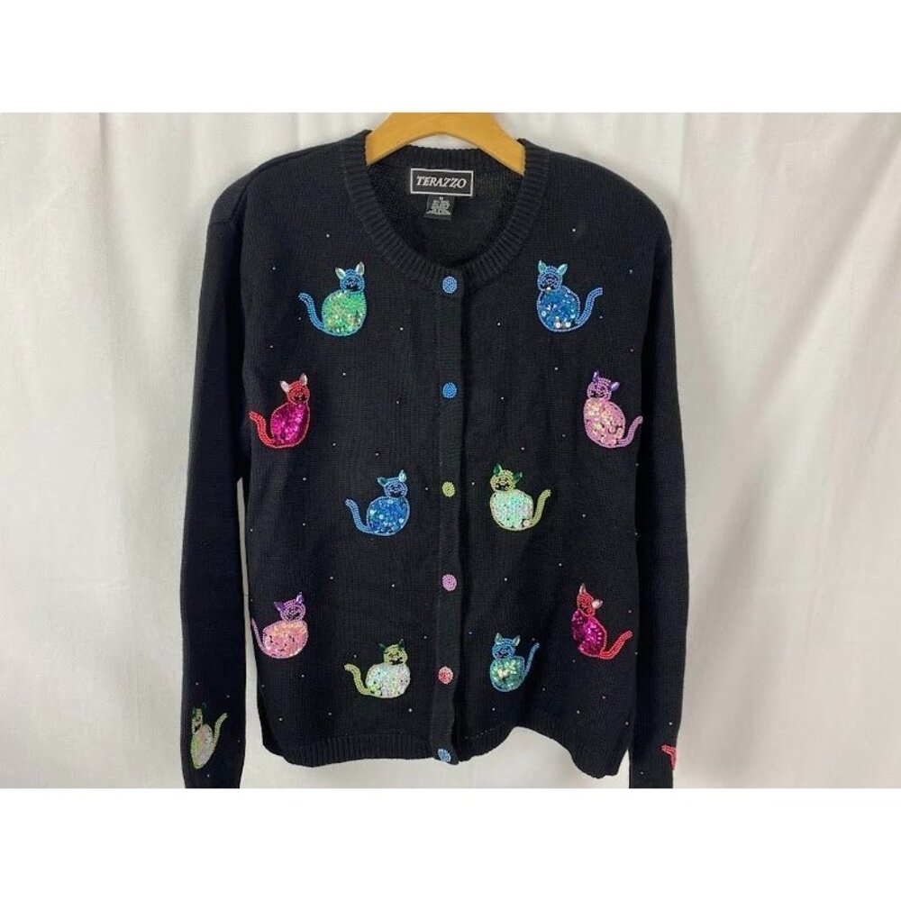Terazzo Sequin Cat Button Down Cardigan Black 90's Women's‎ Medium